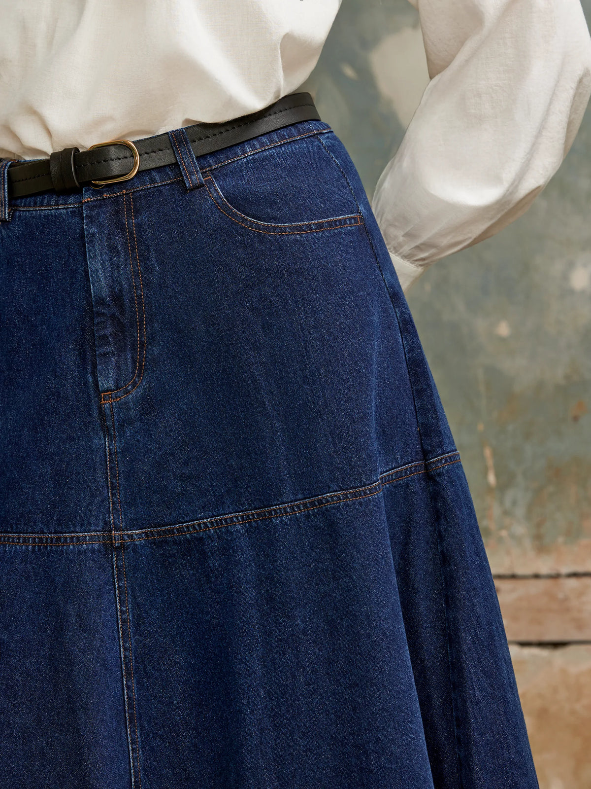 Petite Denim Flared Maxi Skirt