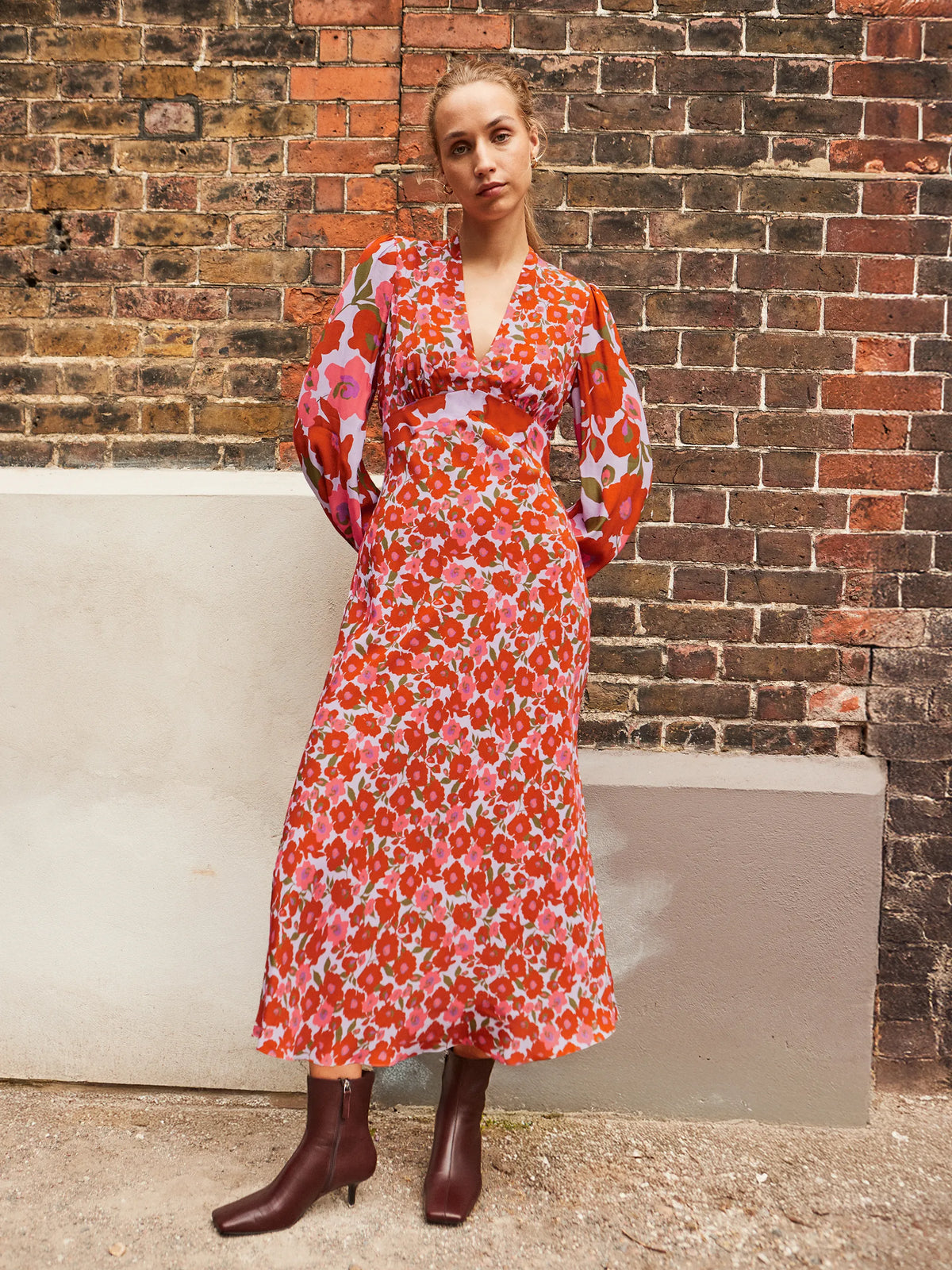 Petite Lilac And Coral Poppy Print Waist Detail Dress