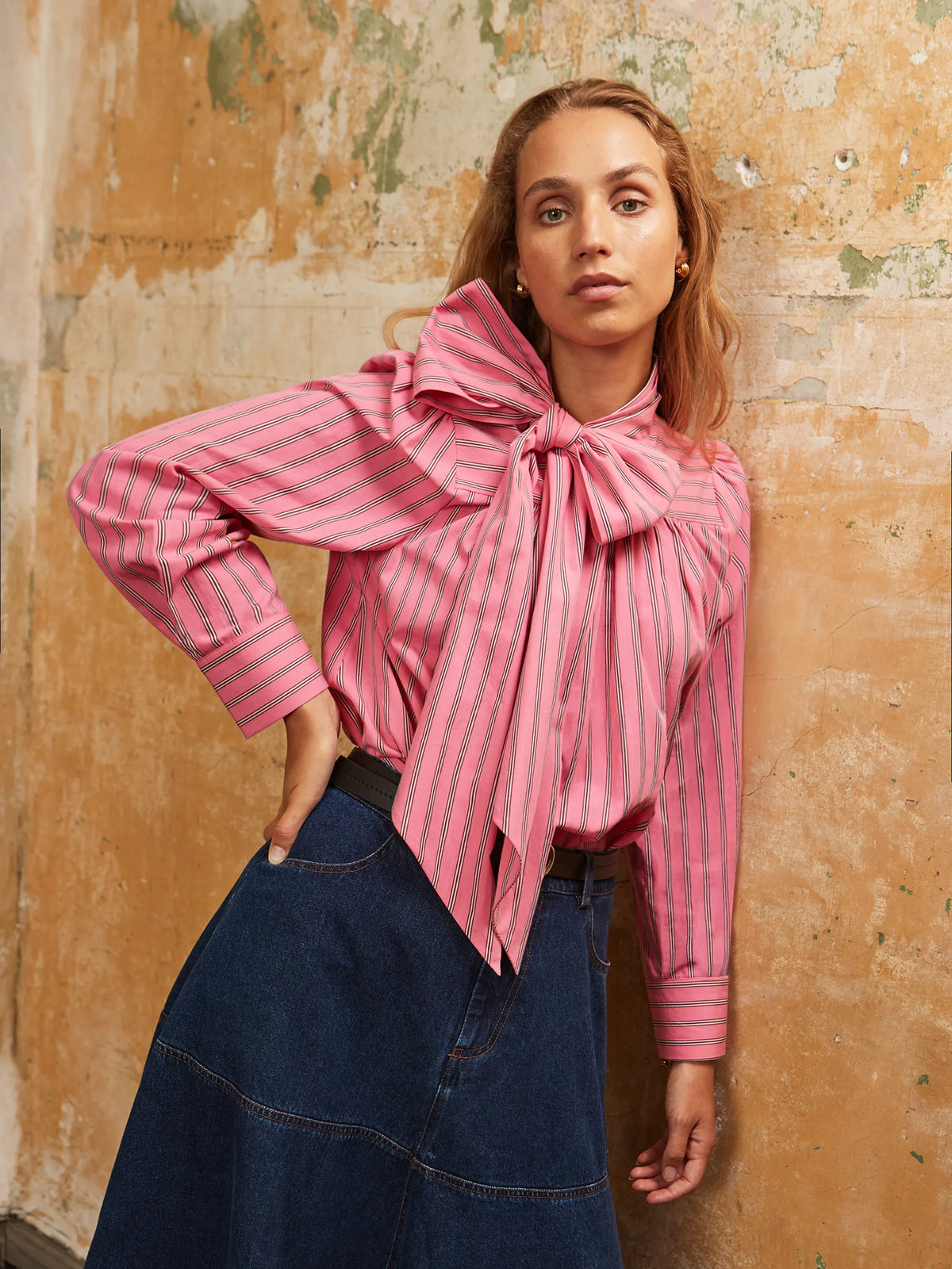 Bow-Detailed Striped Cotton Shirt