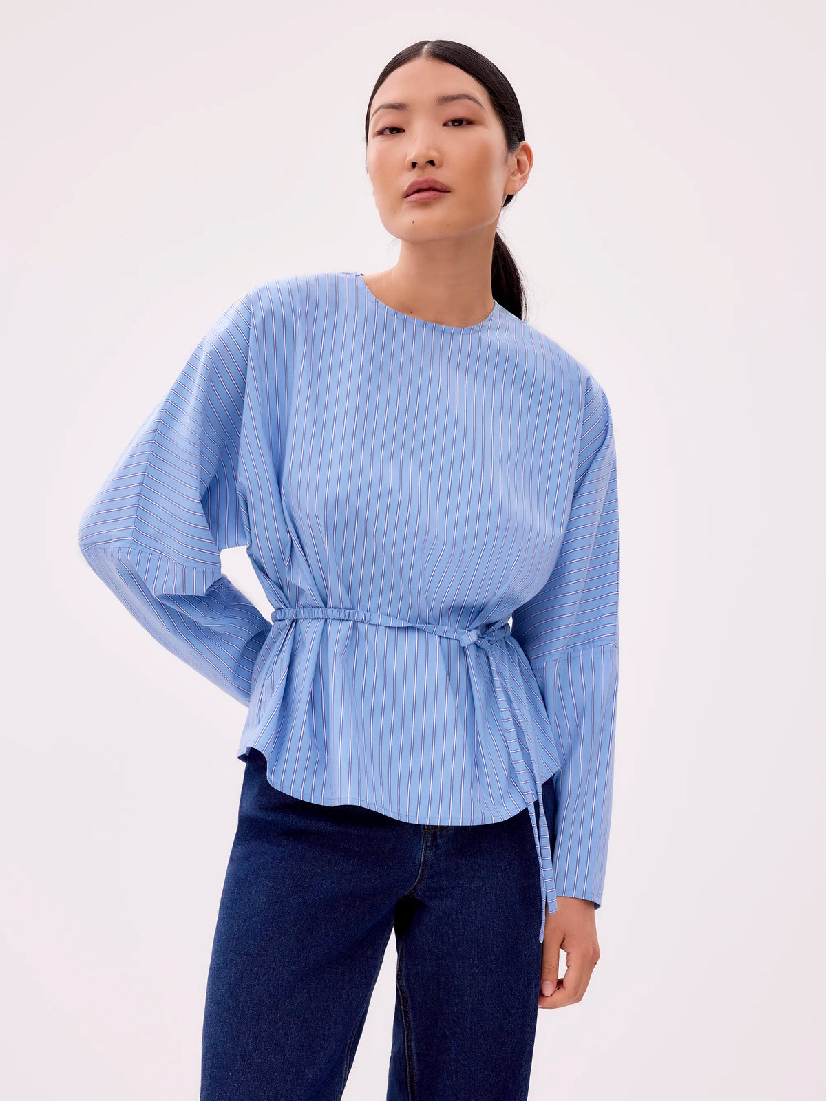 Blue Stripe Tie Waist Blouse