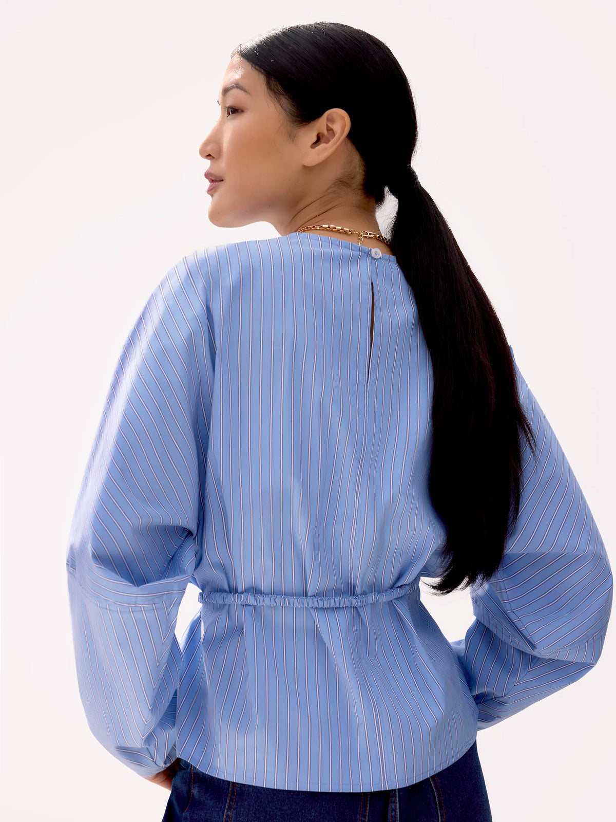 Blue Stripe Tie Waist Blouse
