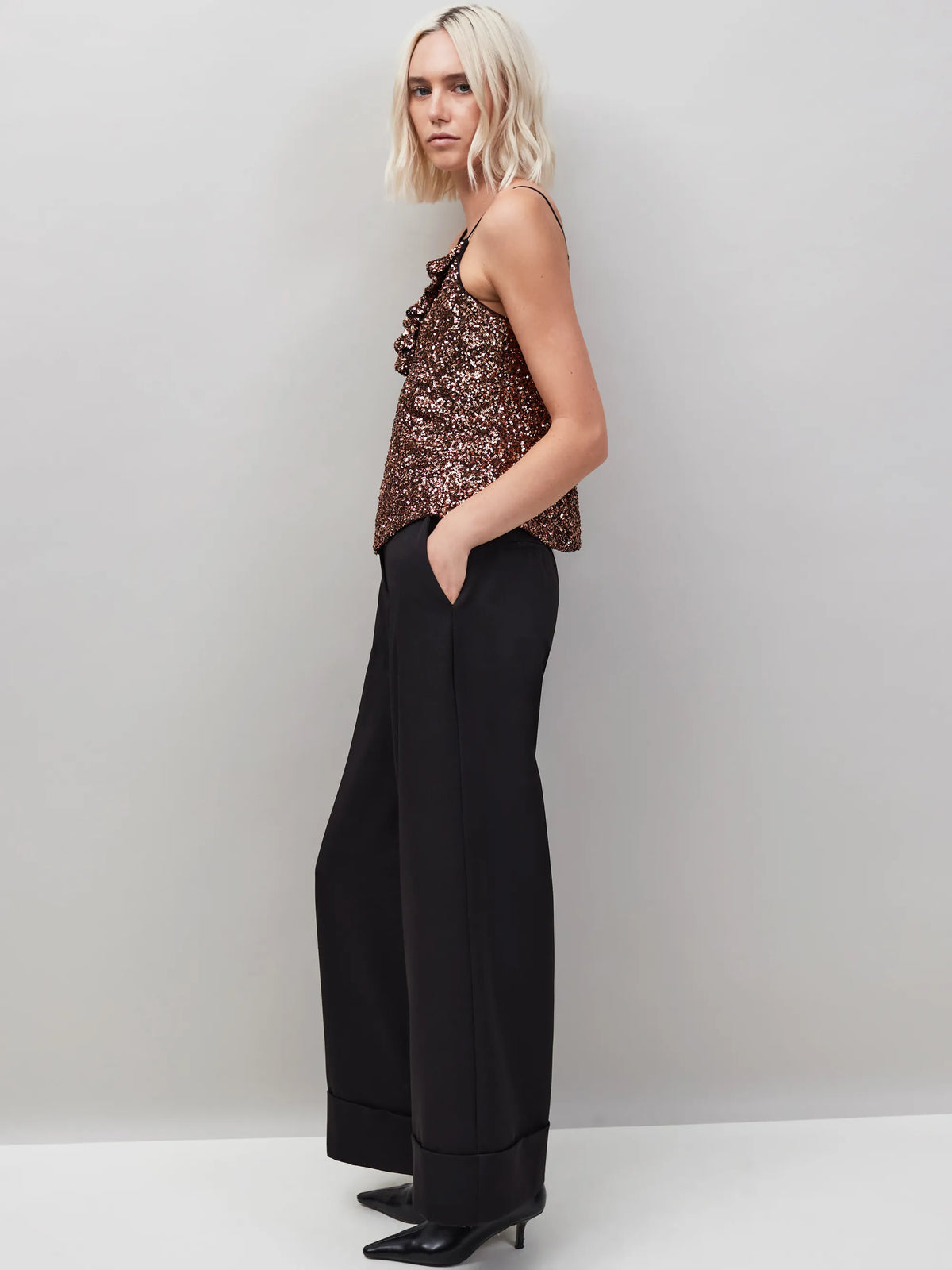 Brown Ruffle Neckline Sequin Cami Top