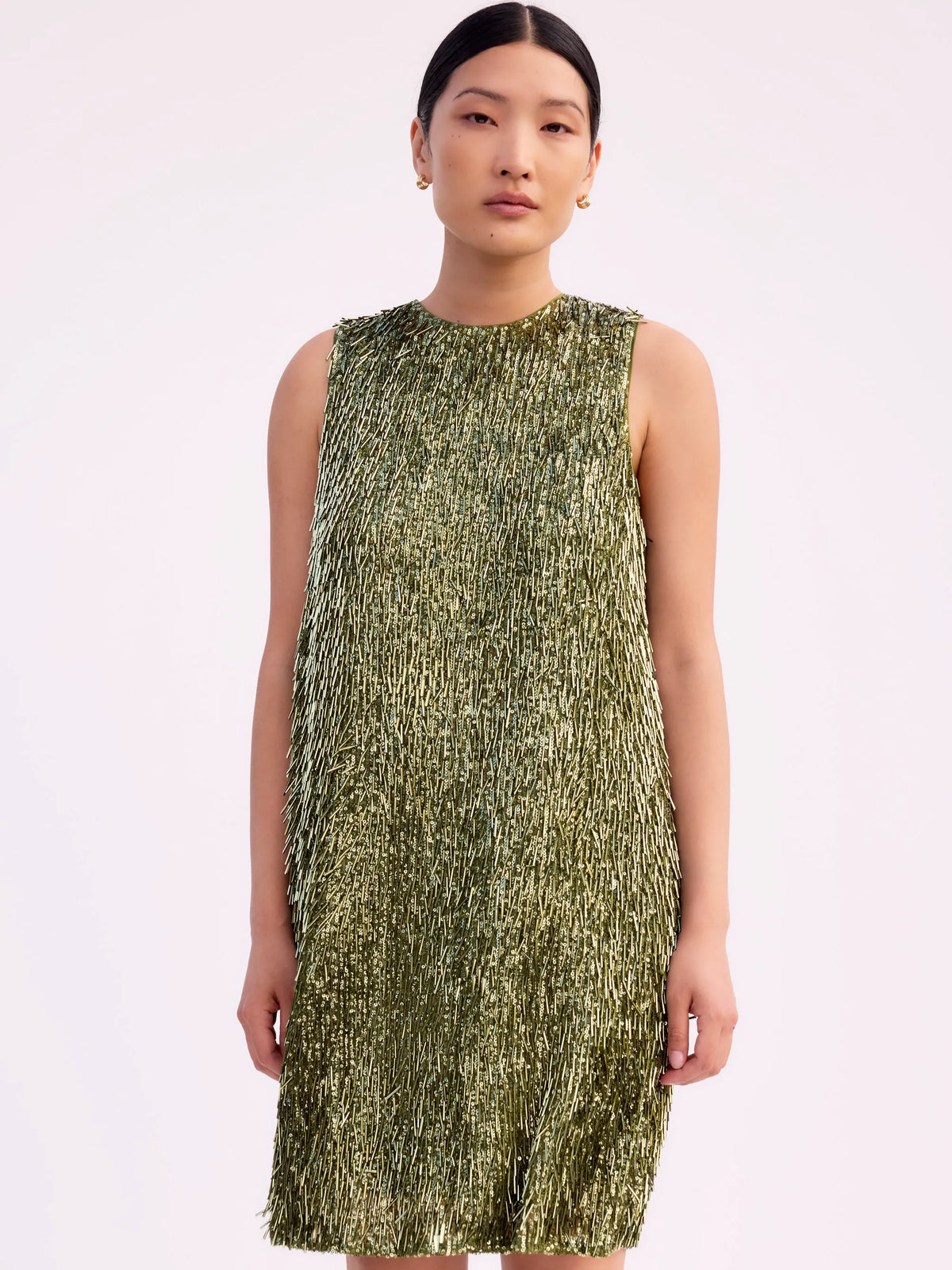 Nina Olive-Green Sequinned Bead-Embellished Shift Dress