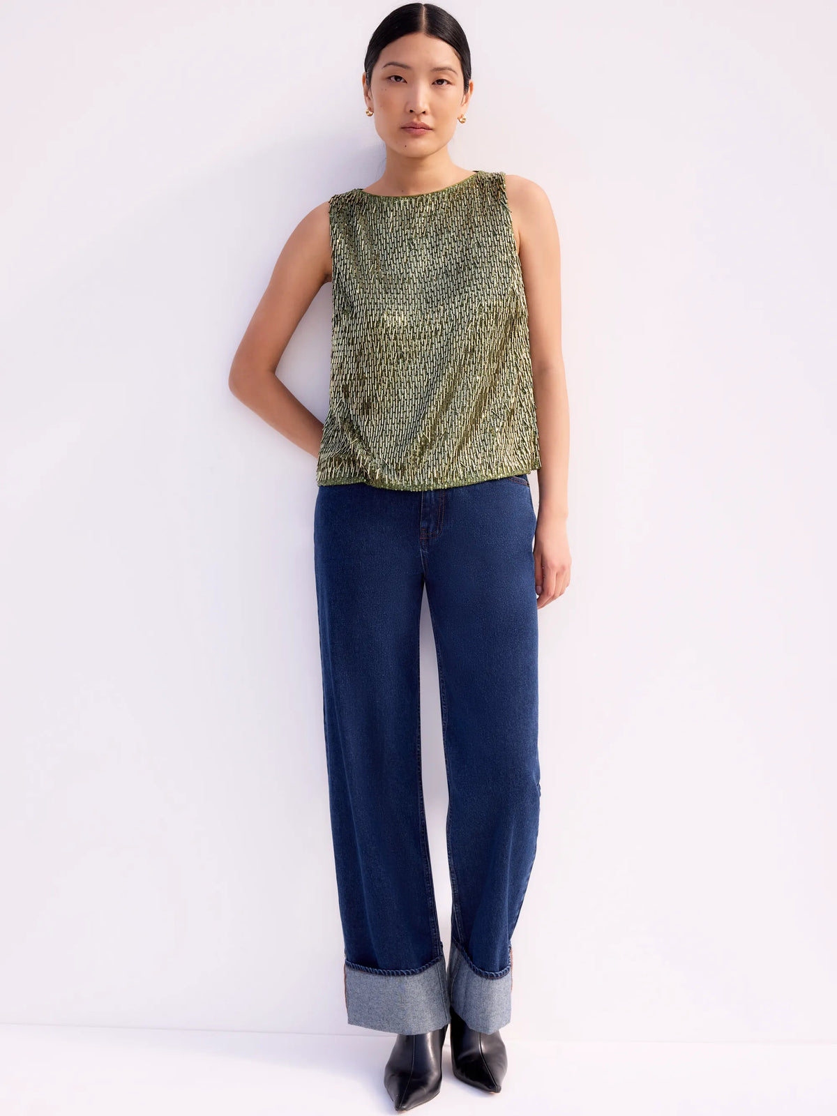 Olive-Green Sequinned Bead-Embellished Top