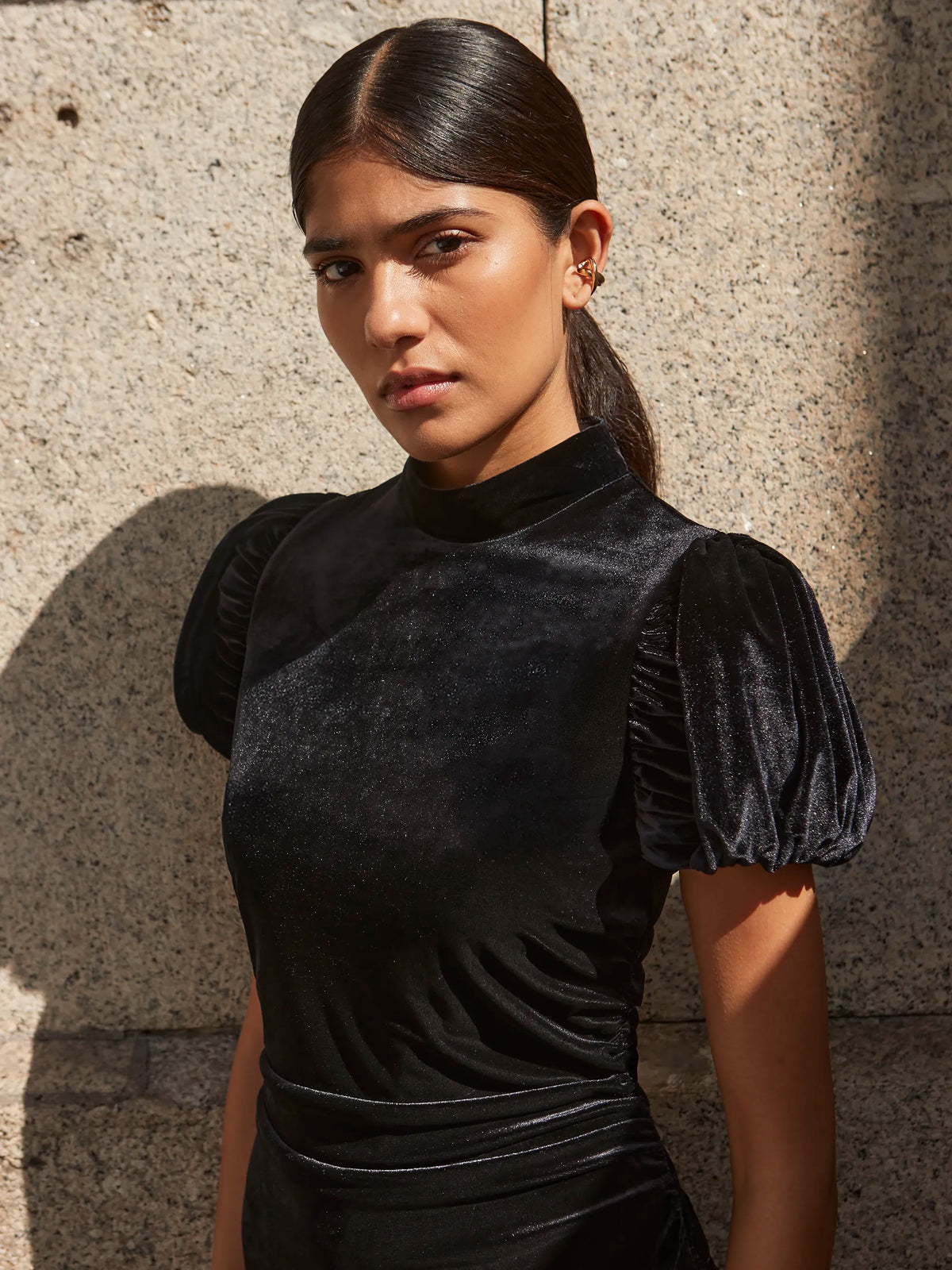 Madison Black Velvet Tulip Sleeve Mini Dress
