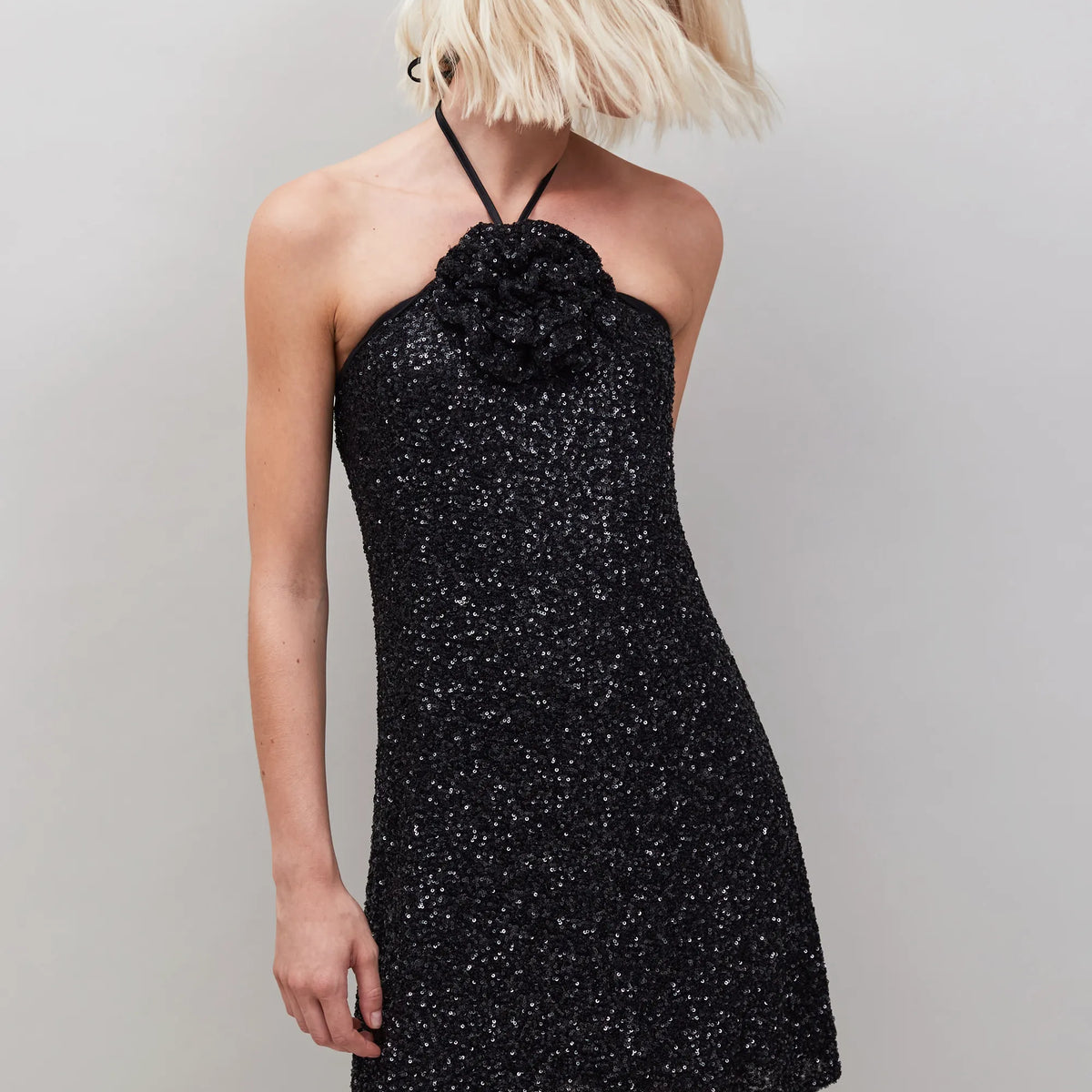 Riu Plume Bijou Mini Dress ブラック Mimi Sequinned Corsage-Detail Halterneck Mini Dress – Ro&Zo