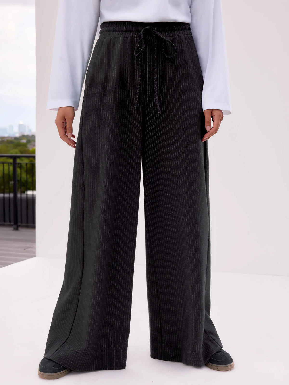 Petite Charcoal Pinstripe Wide Leg Trousers