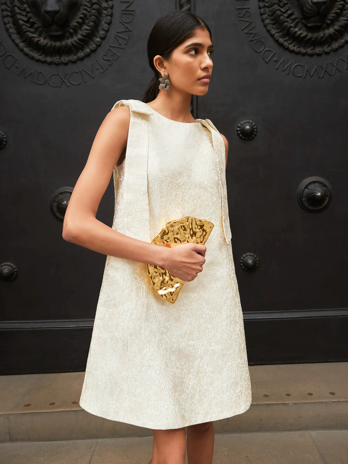 Heidi Gold Jacquard Bow Detail Mini Dress