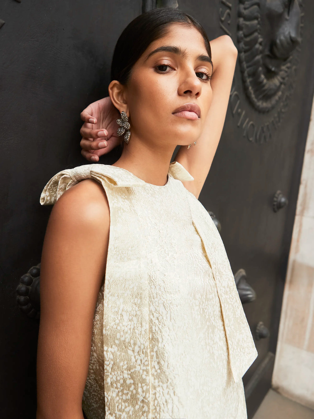 Heidi Gold Jacquard Bow Detail Mini Dress