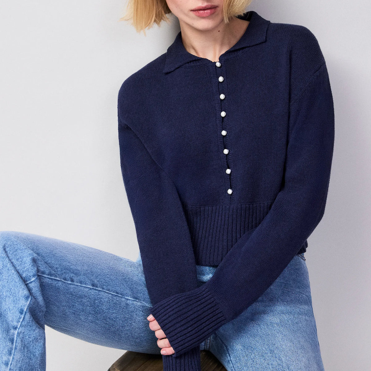 Navy Pearl-Button Cotton and Linen-Blend Jumper – Ro&Zo