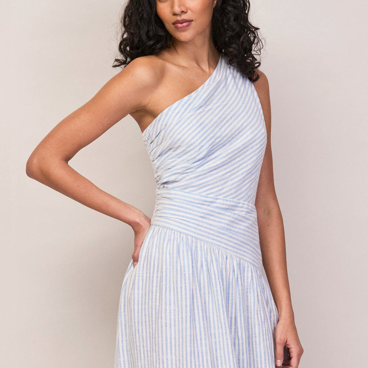 blue and white striped one shoulder dress Women's One Shoulder Side-Tie Mini Dress
