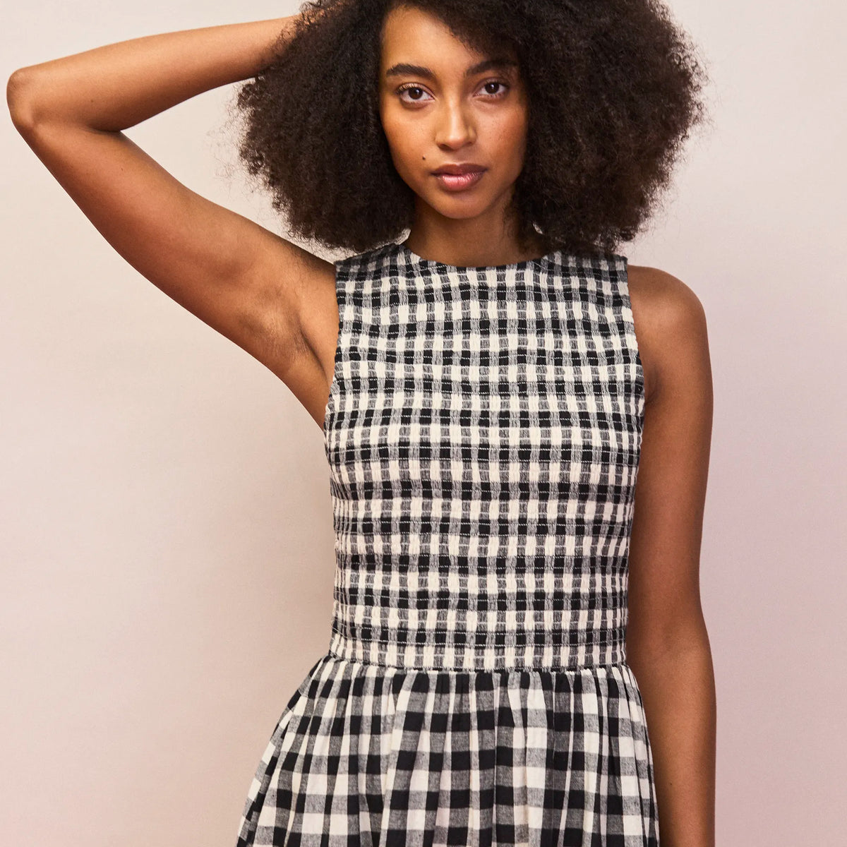 Mono Gingham Cotton and Linen-Blend Shirred Midi Dress – Ro&Zo