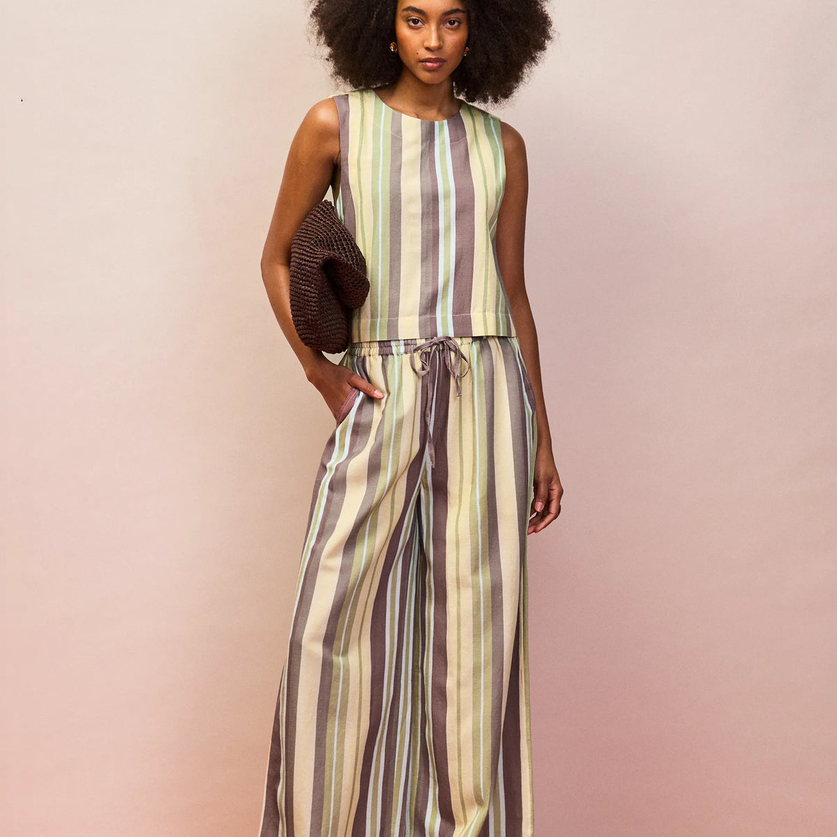 Green Stripe Linen-Blend Wide-Leg Trousers – Ro&Zo