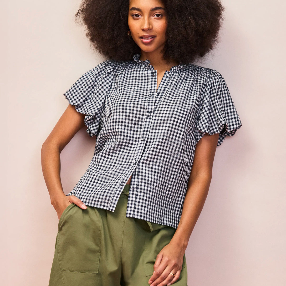 Navy Gingham Gathered-Sleeve Shirt – Ro&Zo