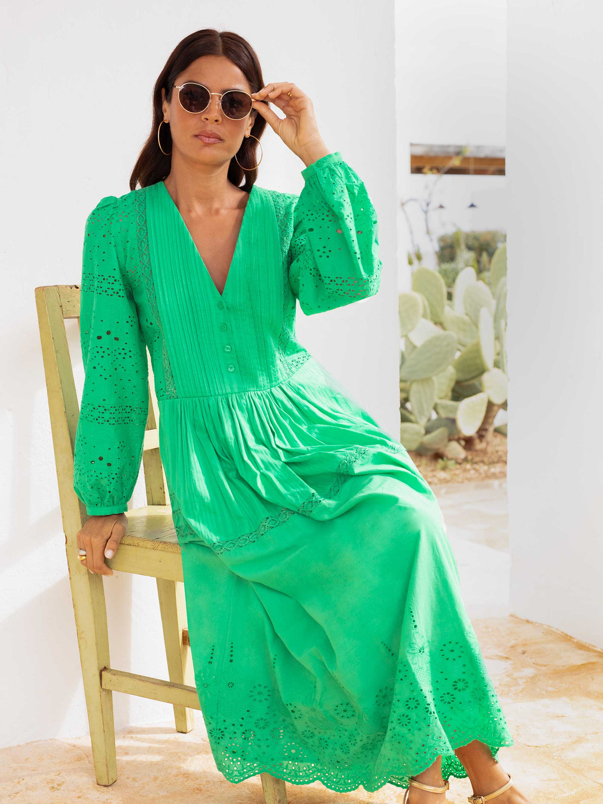 Green Pintuck Detail Broderie Midi Dress