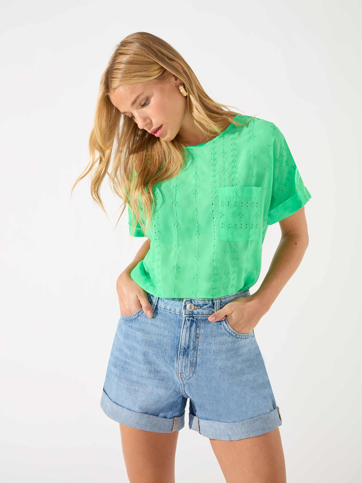 Green Embroidered Pocket Front T Shirt
