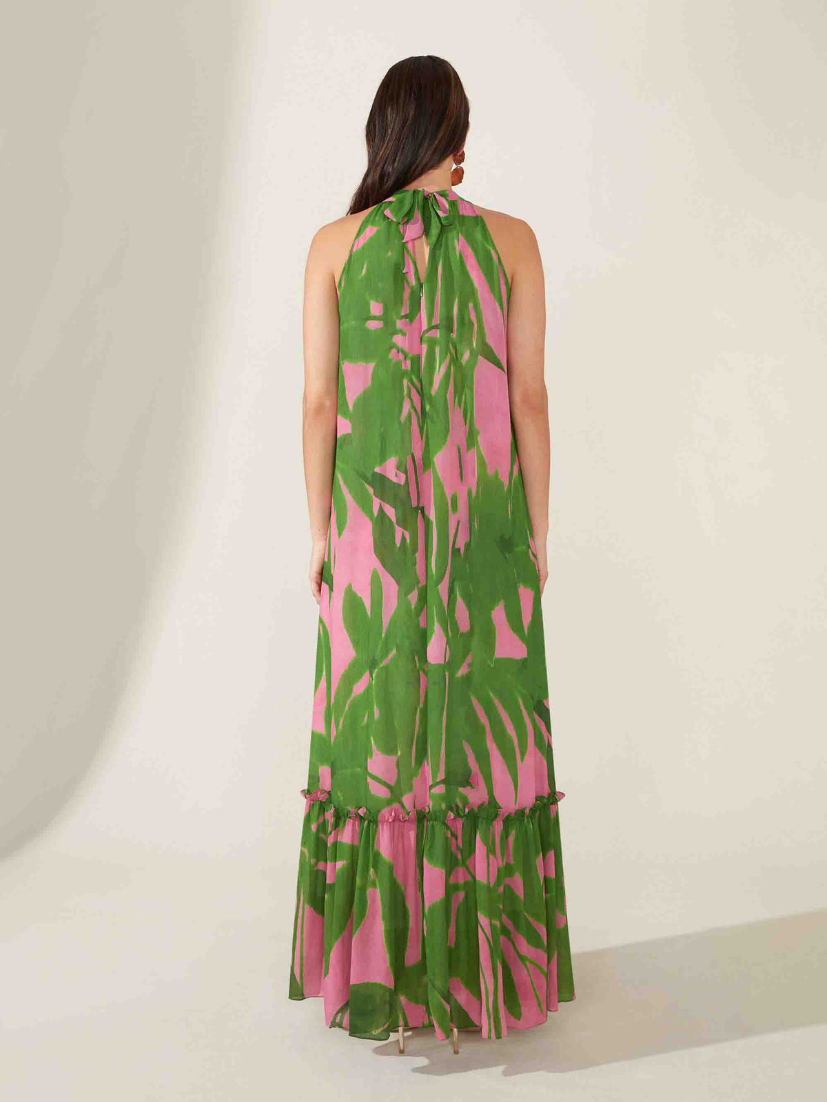 Pink Leaf Print Halter Neck Maxi Dress