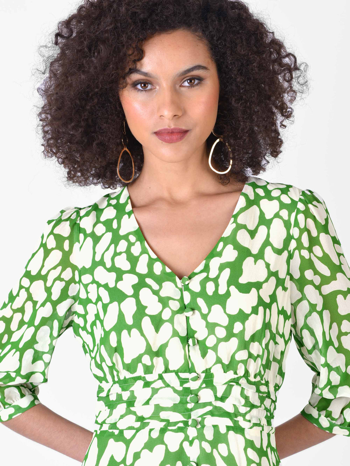 Green Animal Button Detail Midi Dress