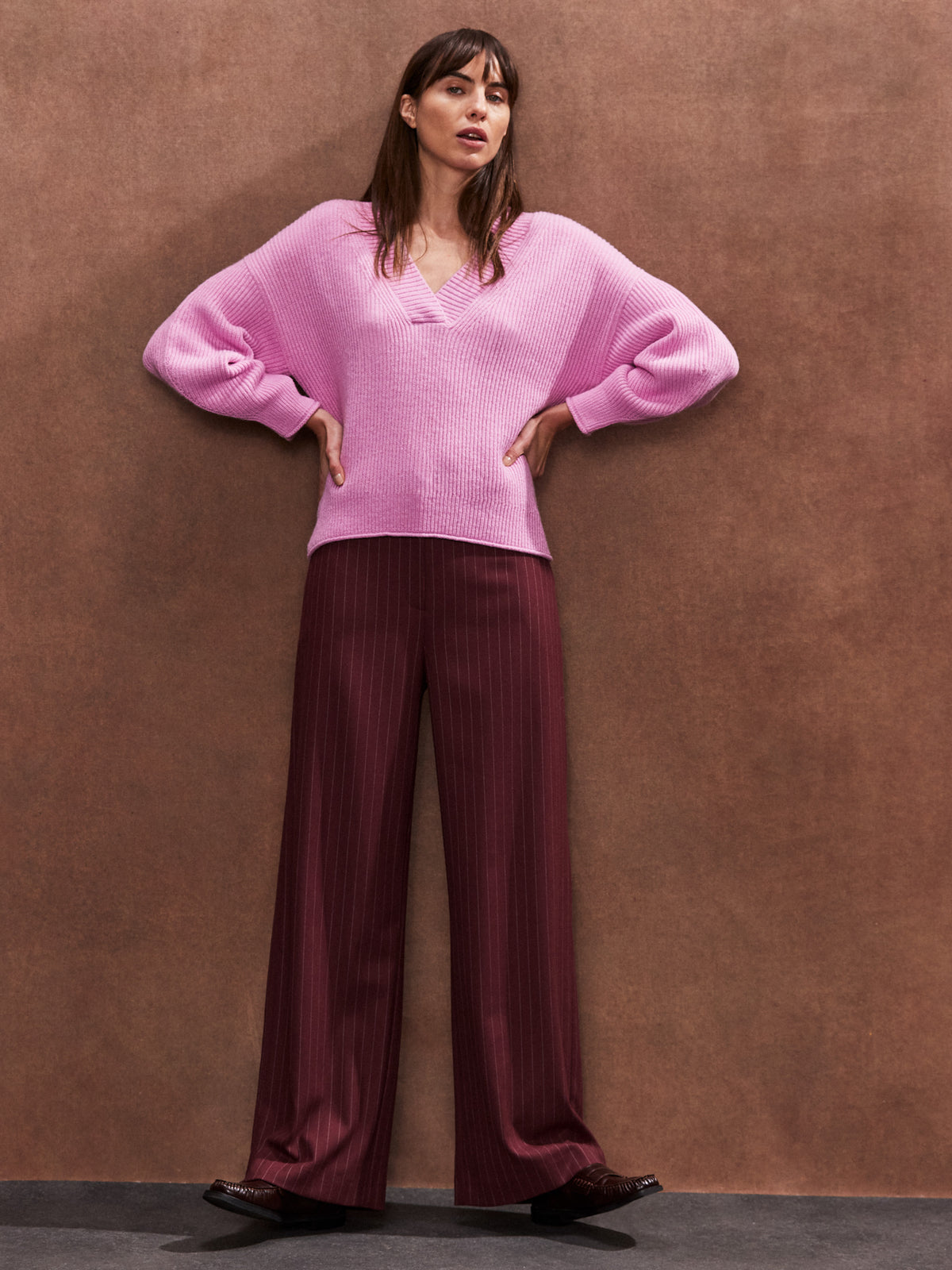 Petite Burgundy Pinstripe Wide Leg Trousers