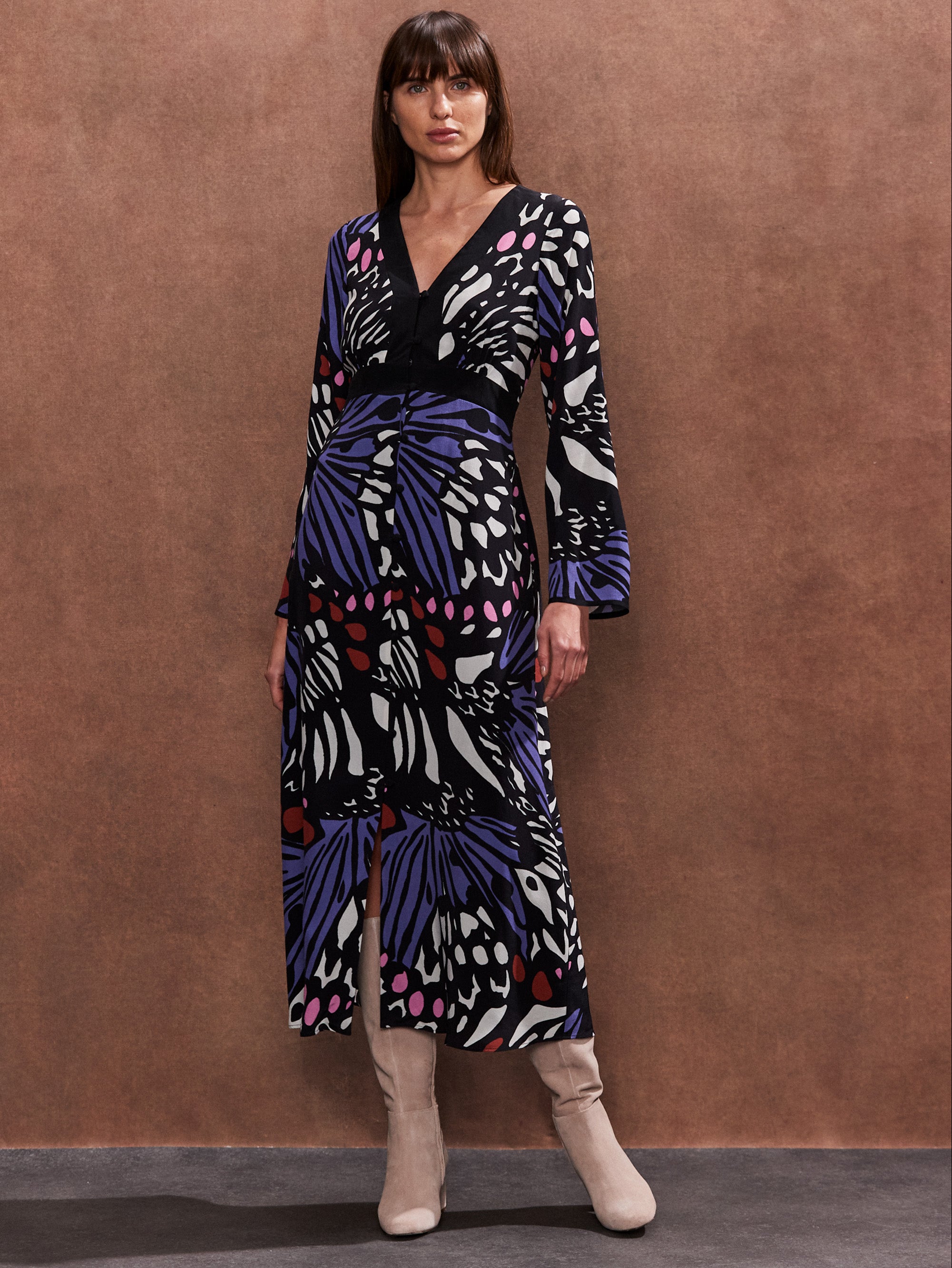 Petite Purple Butterfly-Print Button-Through Midi Dress – Ro&Zo