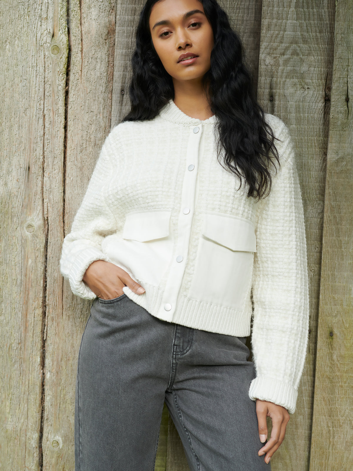 Ivory Knitted Bomber Jacket