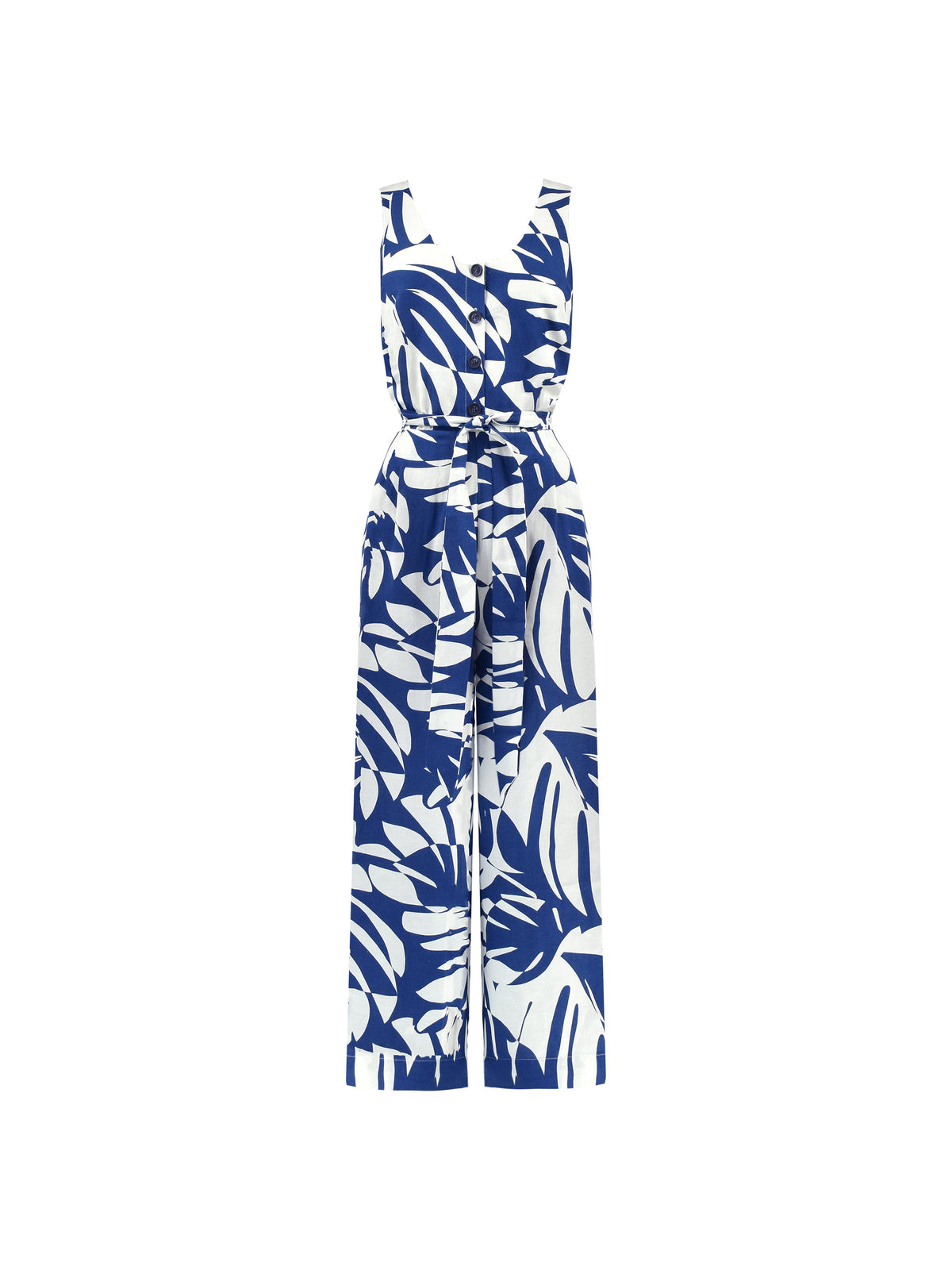 Petite Navy Linen Blend Palm Print Jumpsuit