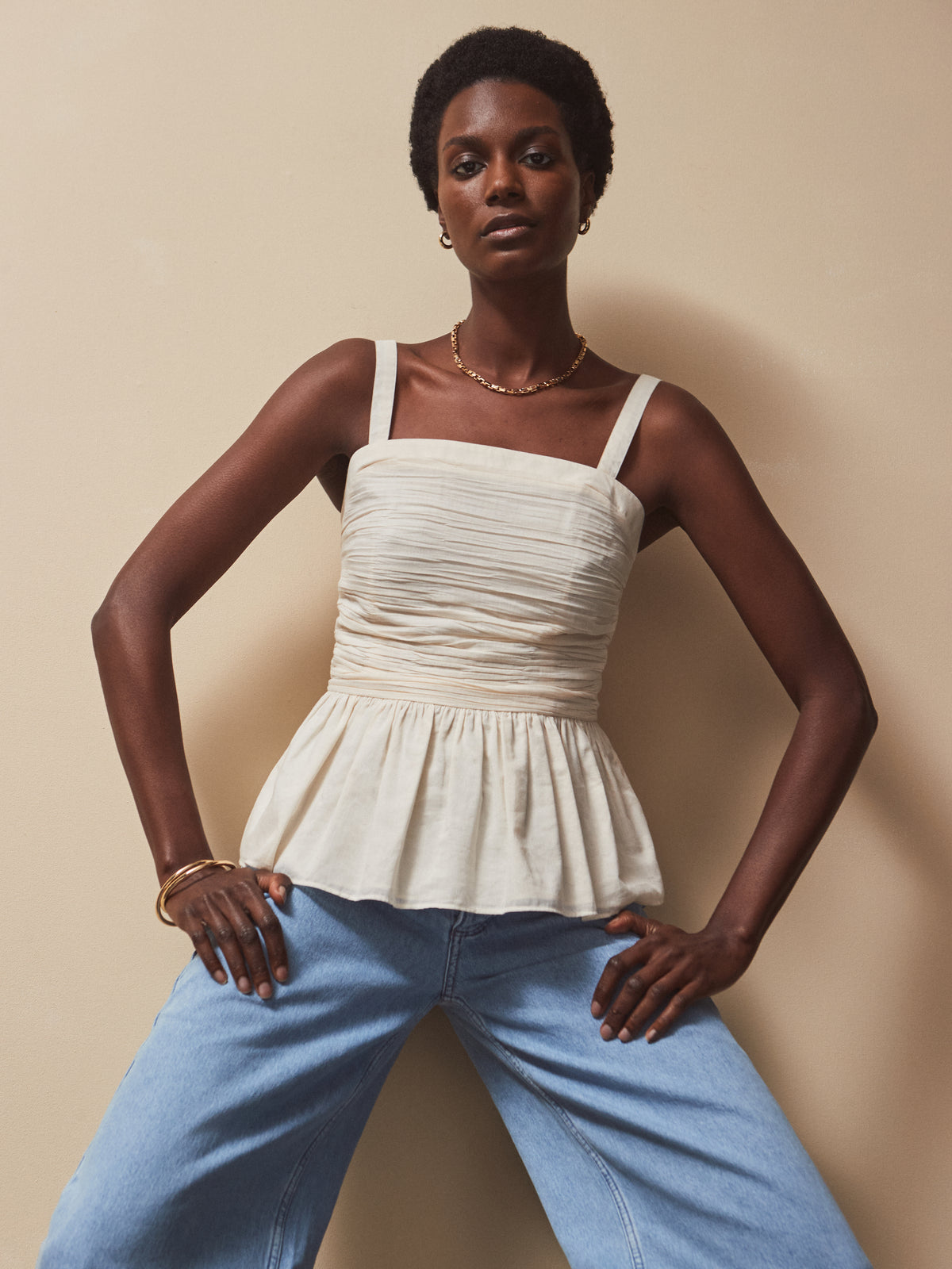 Cream Cotton Ruched Peplum Top