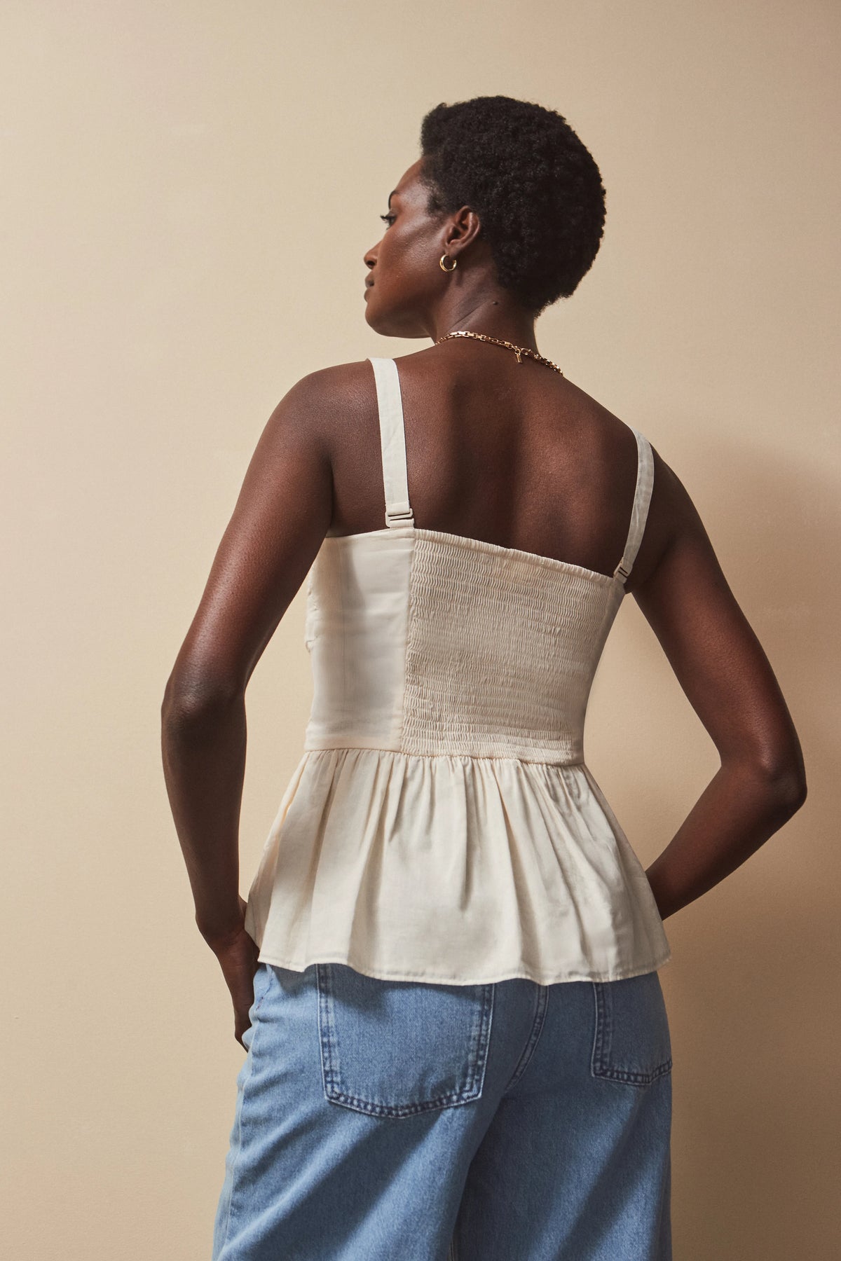 Cream Cotton Ruched Peplum Top