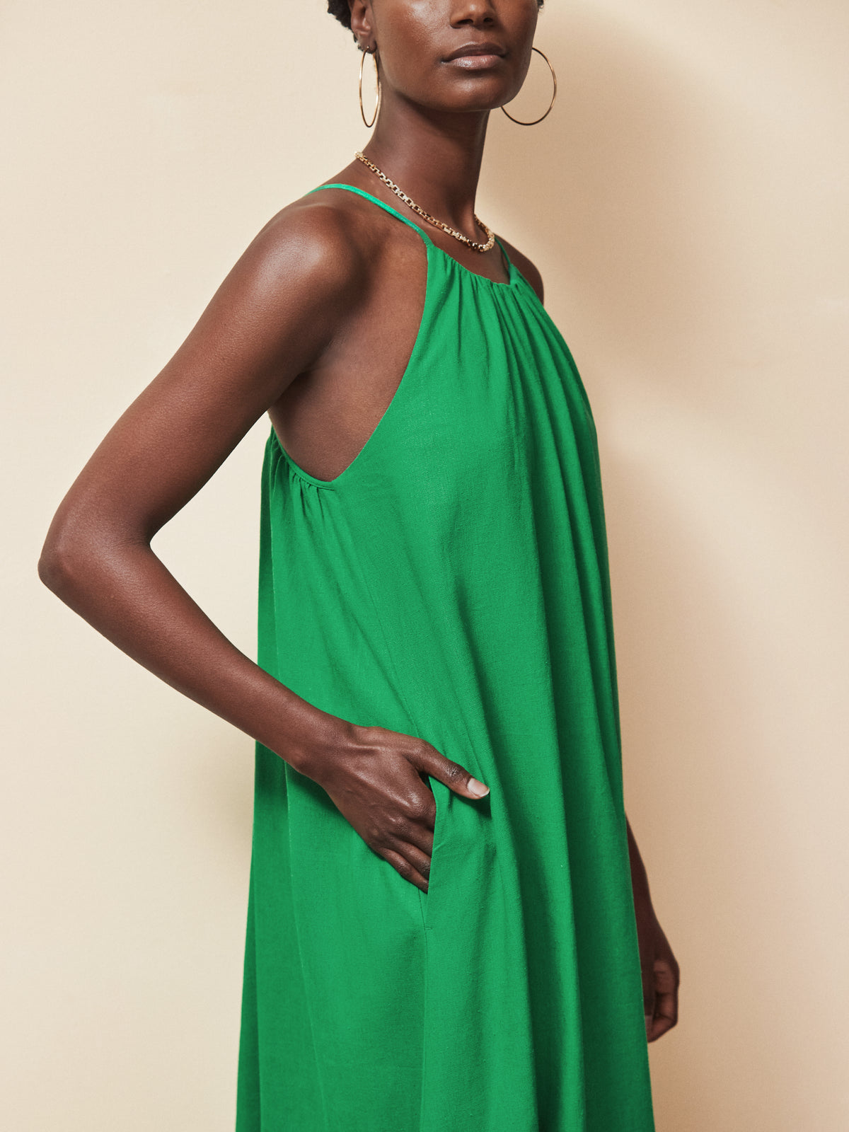Green Linen Blend Tie Detail Maxi Dress