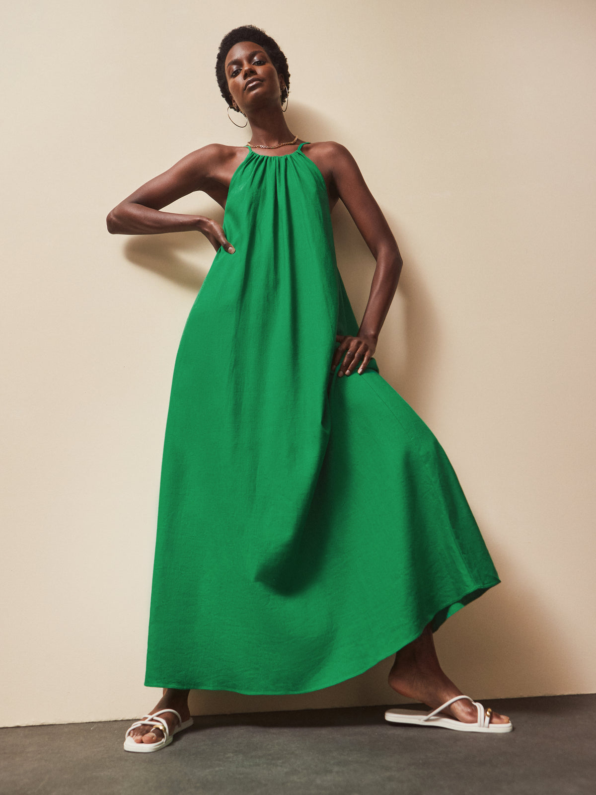 Green Linen Blend Tie Detail Maxi Dress