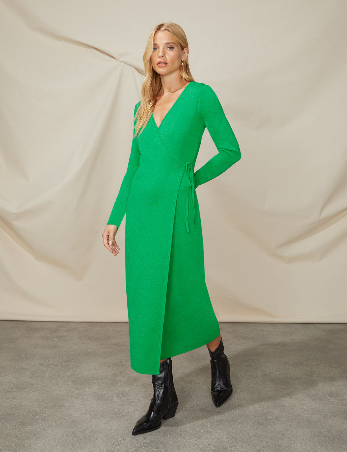 Green Lurex Rib Knit Wrap Dress