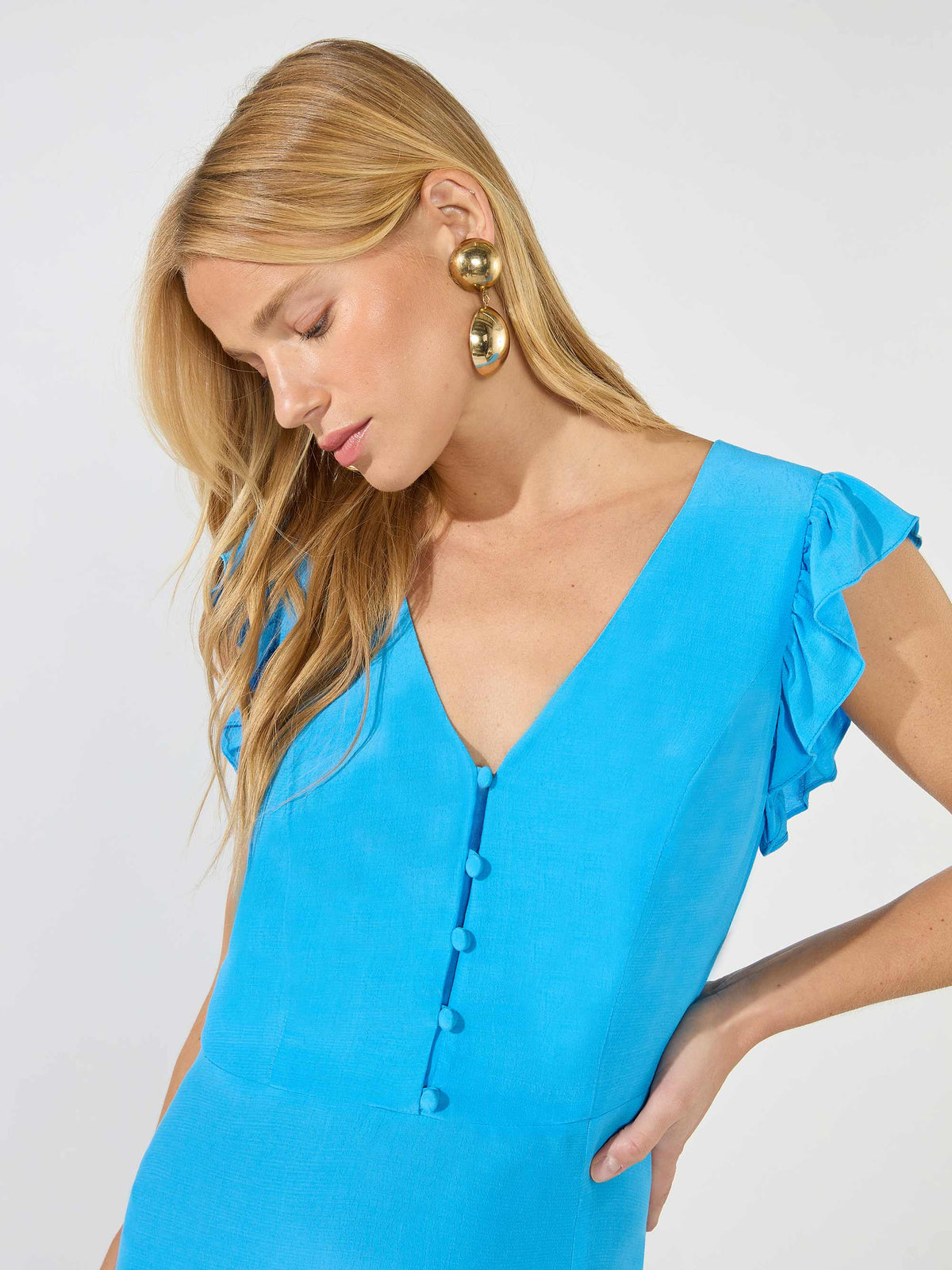Blue Frill Sleeve Midi Dress