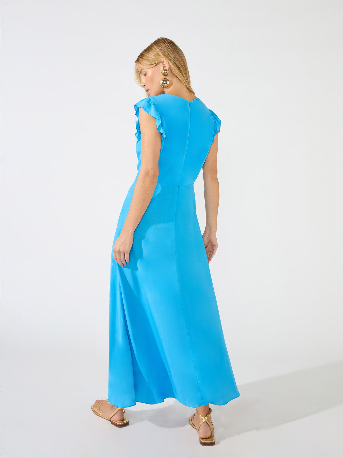Blue Frill Sleeve Midi Dress
