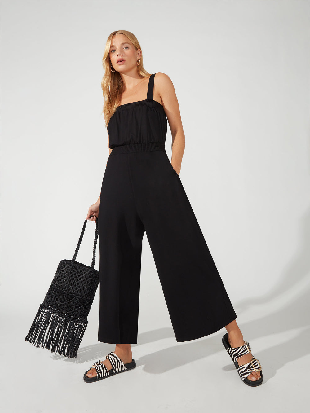 Long strappy shirred jumpsuit with linen