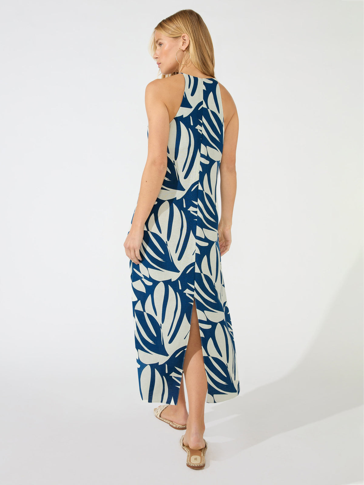Navy Linen Blend Palm Print Cami Dress