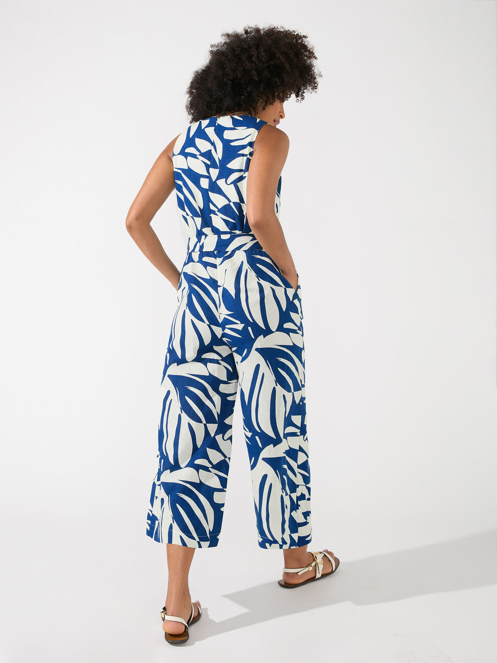 Navy Linen Blend Palm Print Jumpsuit – Ro&Zo
