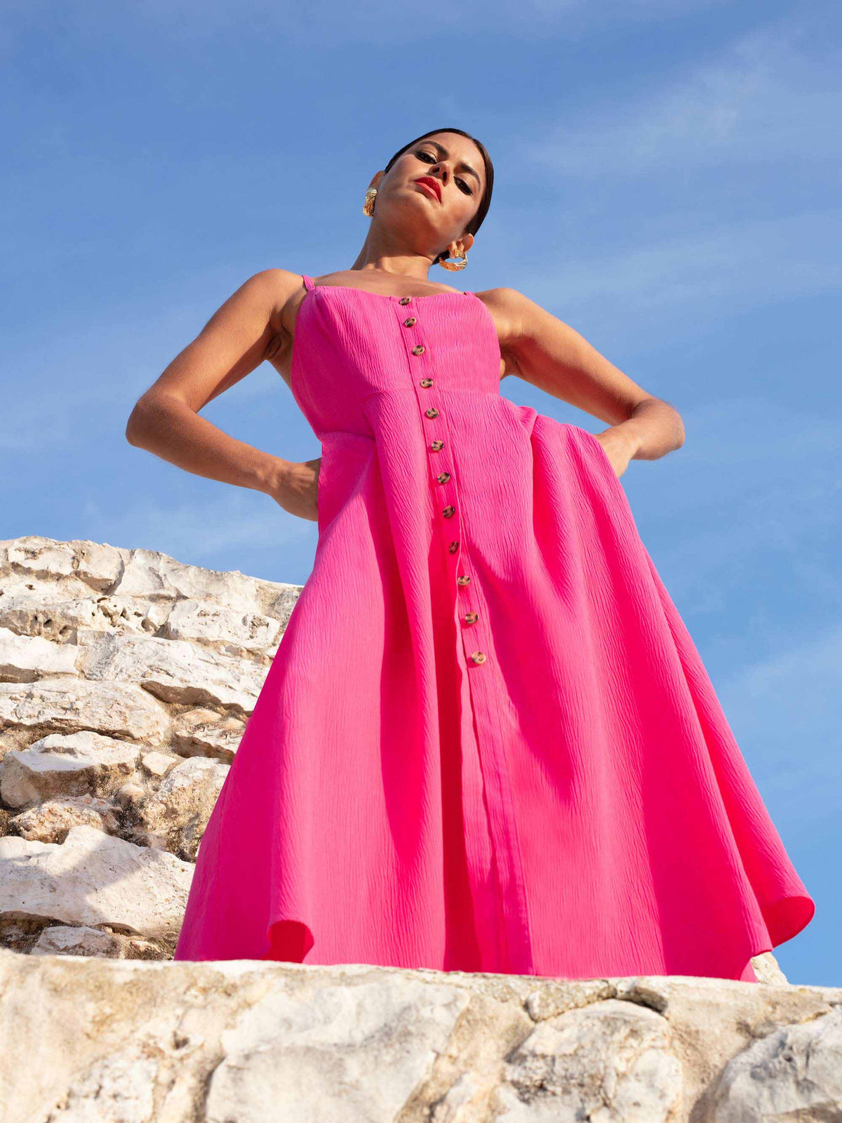 Pink Crinkle Button Front Dress