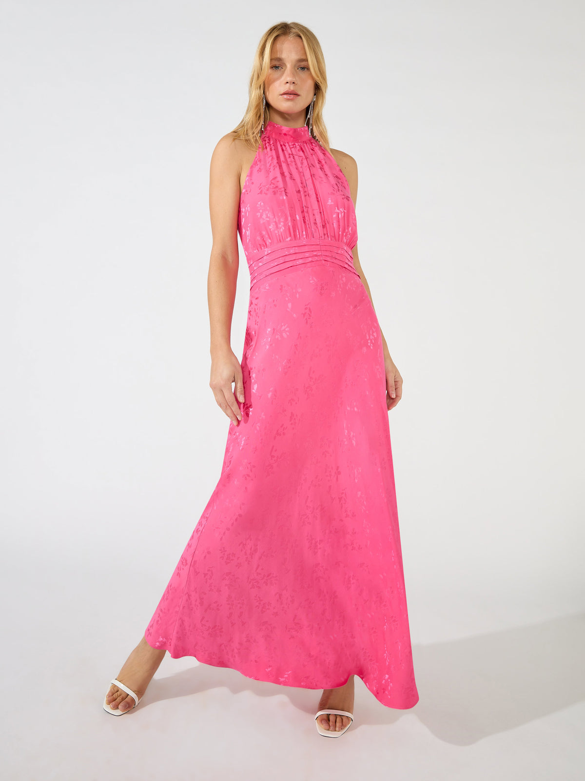 Camilla Pink Jacquard High Neck Keyhole Midi Dress