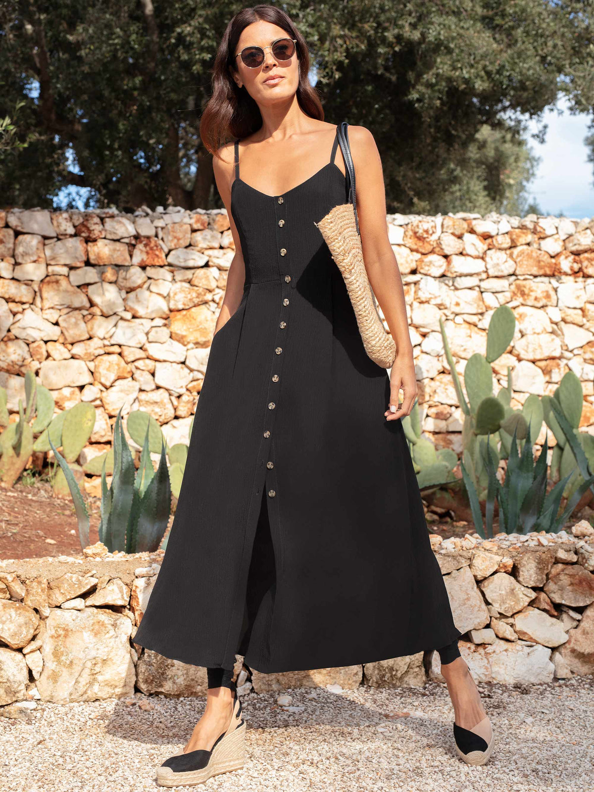 Black Crinkle Button Front Dress