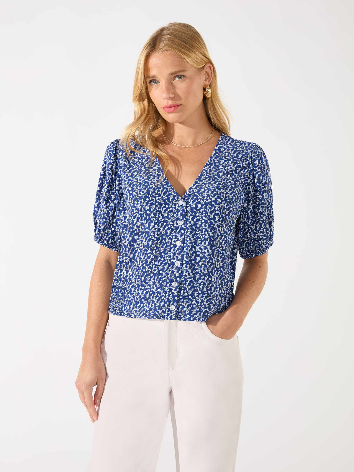 Navy Ditsy Print Button Front Top