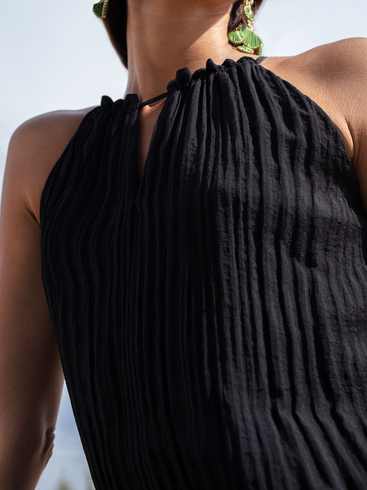 Black Texture Tie Waist Midi Dress
