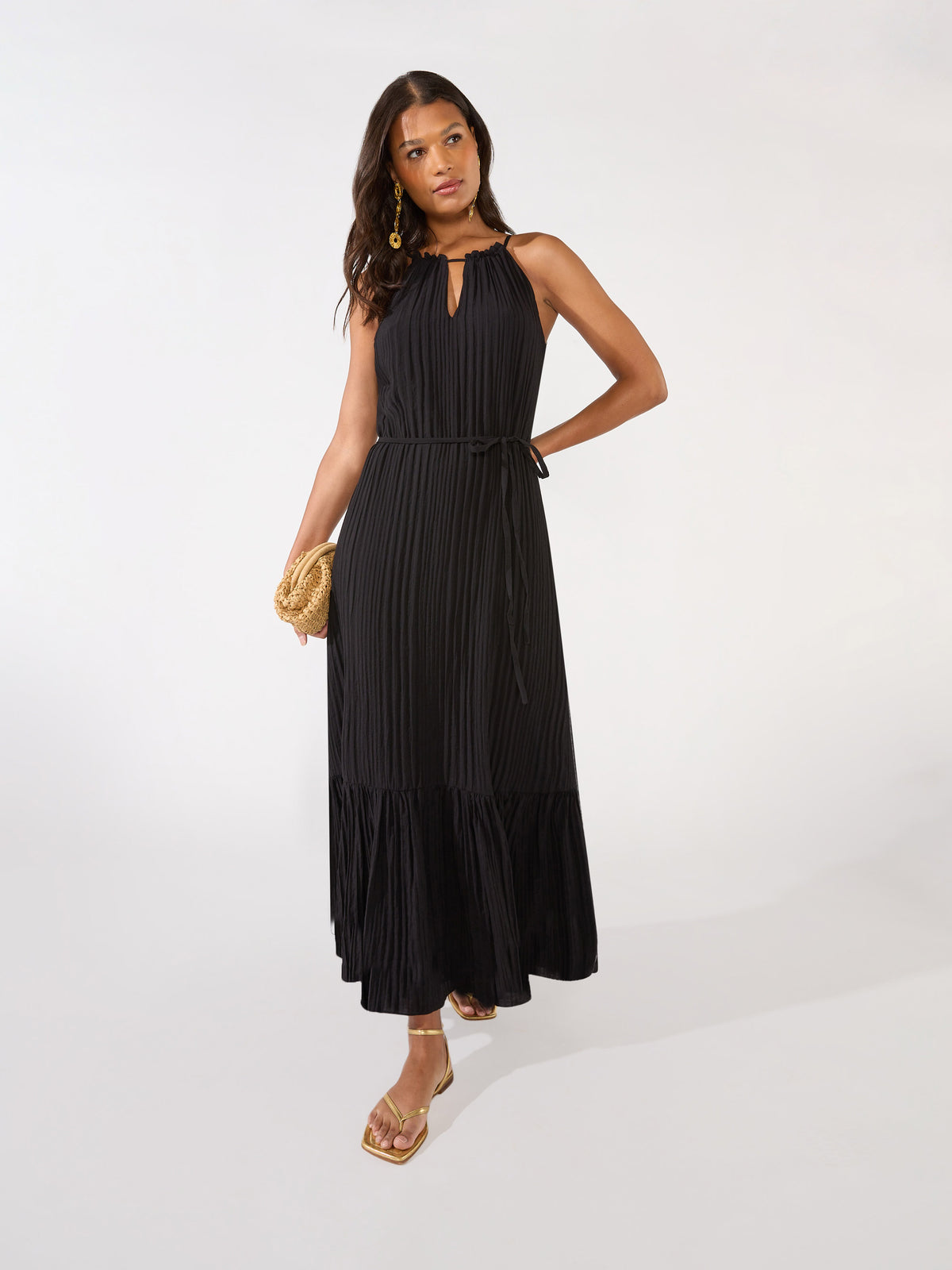 Petite Black Texture Tie Waist Midi Dress