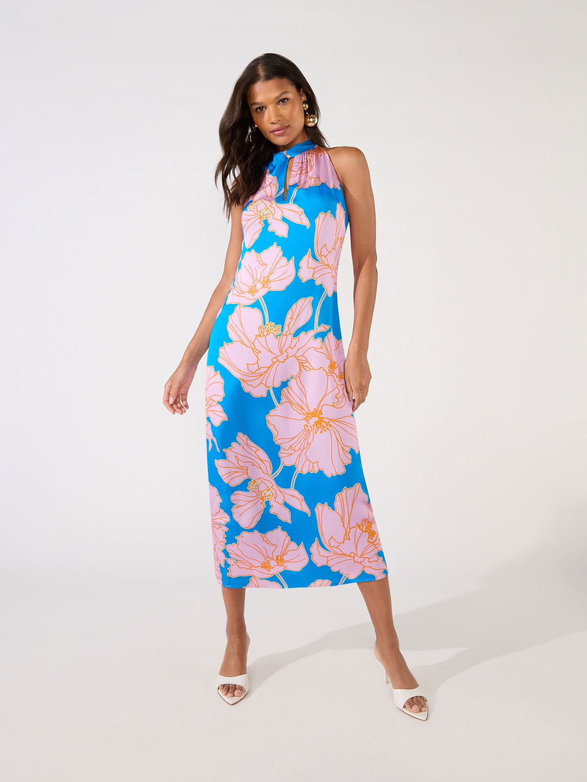 Petite Satin Floral Twist Neck Dress