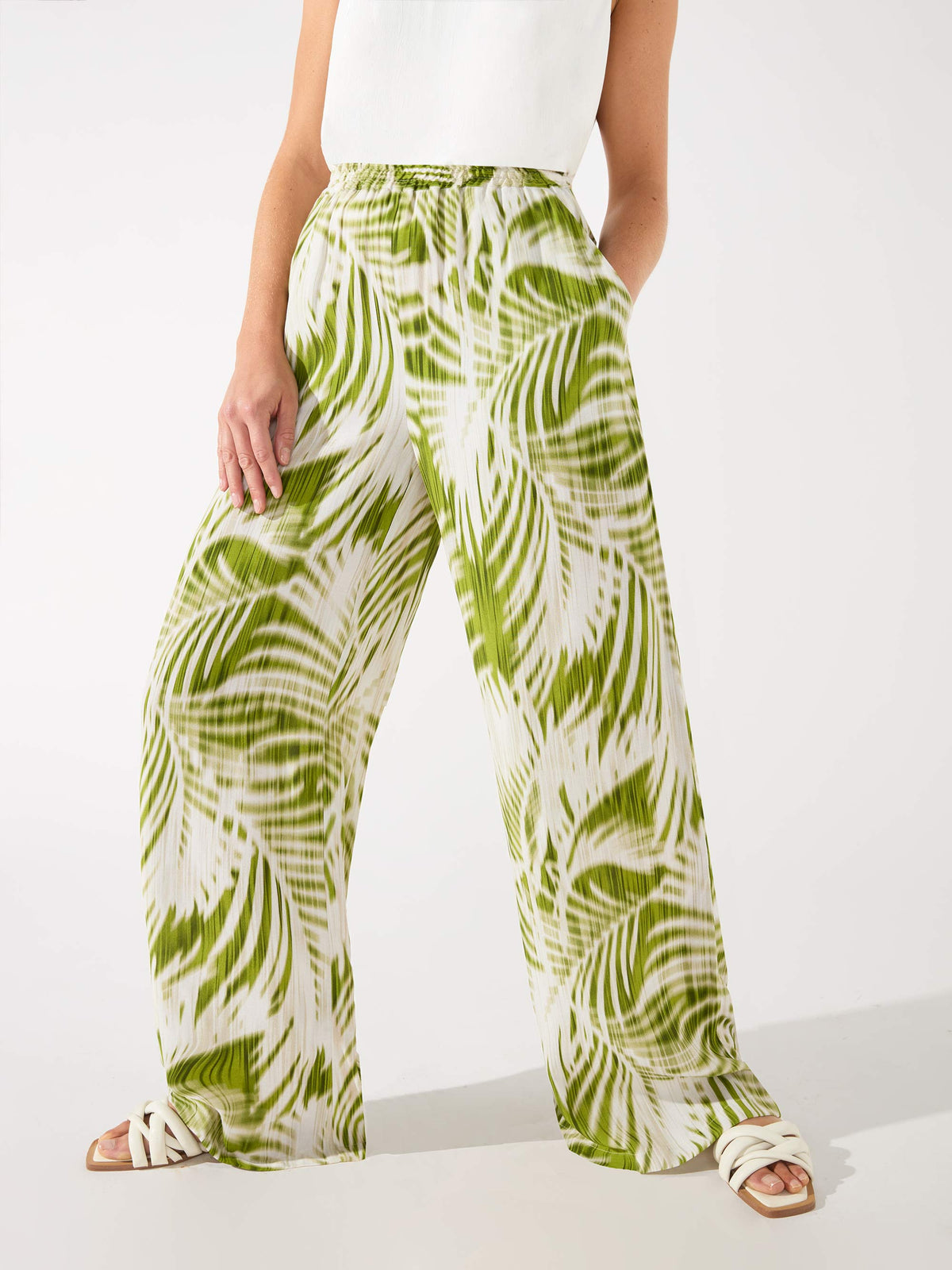 Green Palm Print Wide Leg Trousers