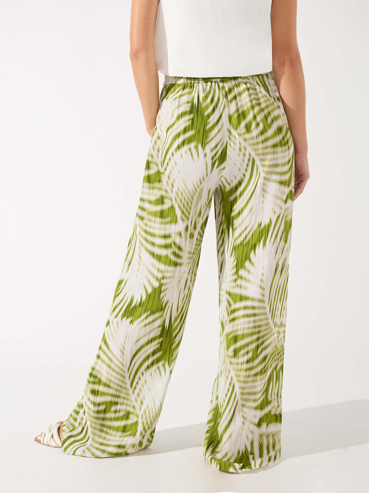 Green Palm Print Wide Leg Trousers
