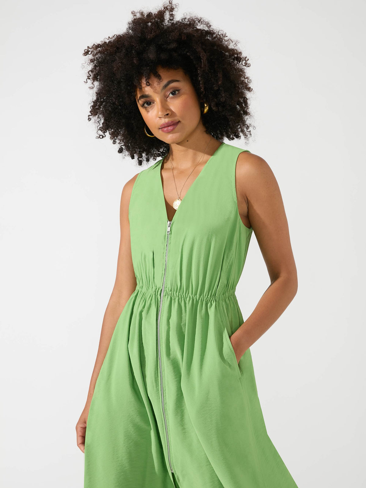 Green Zip Front Sleeveless Midi Dress
