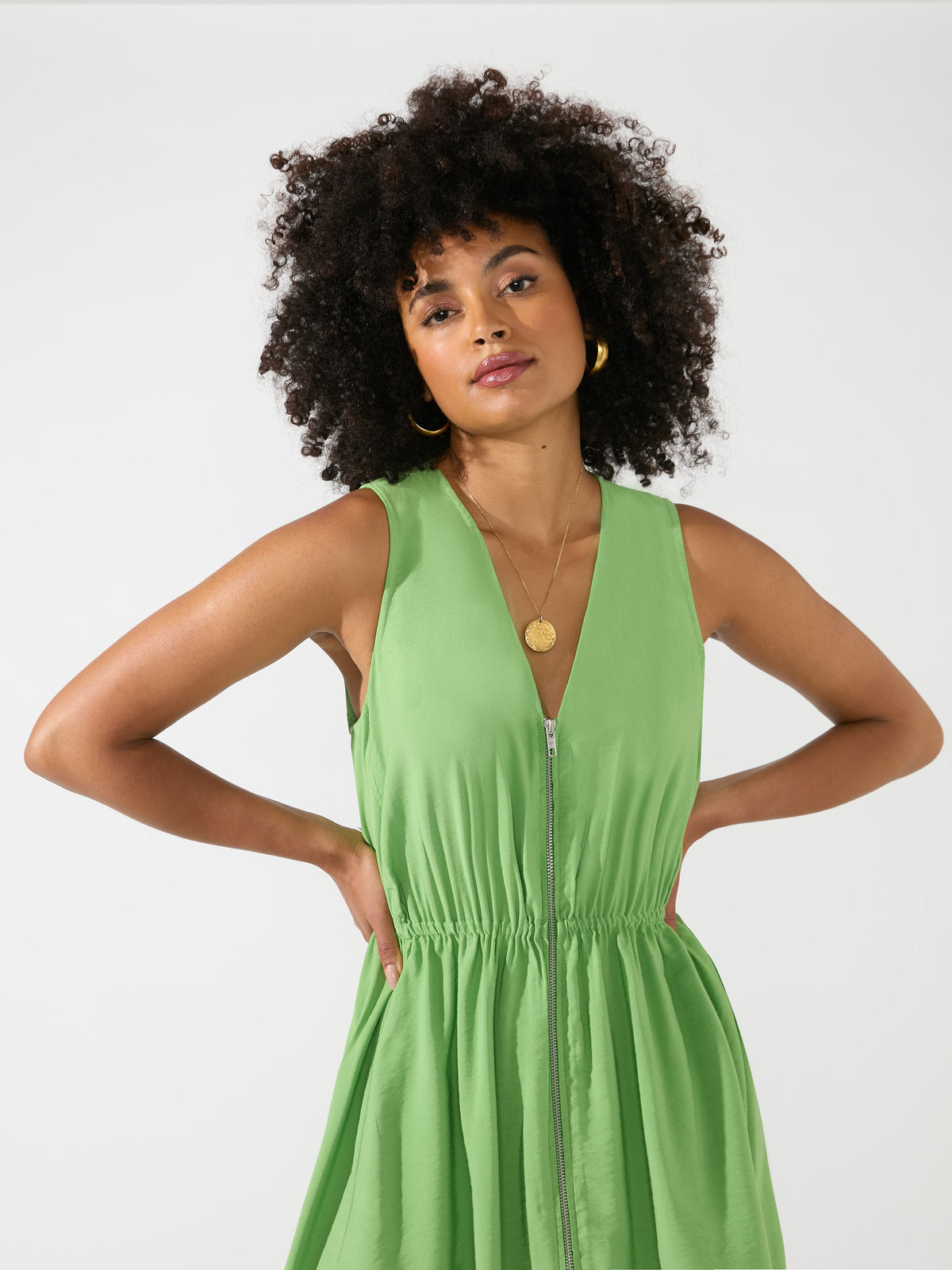 Green Zip Front Sleeveless Midi Dress