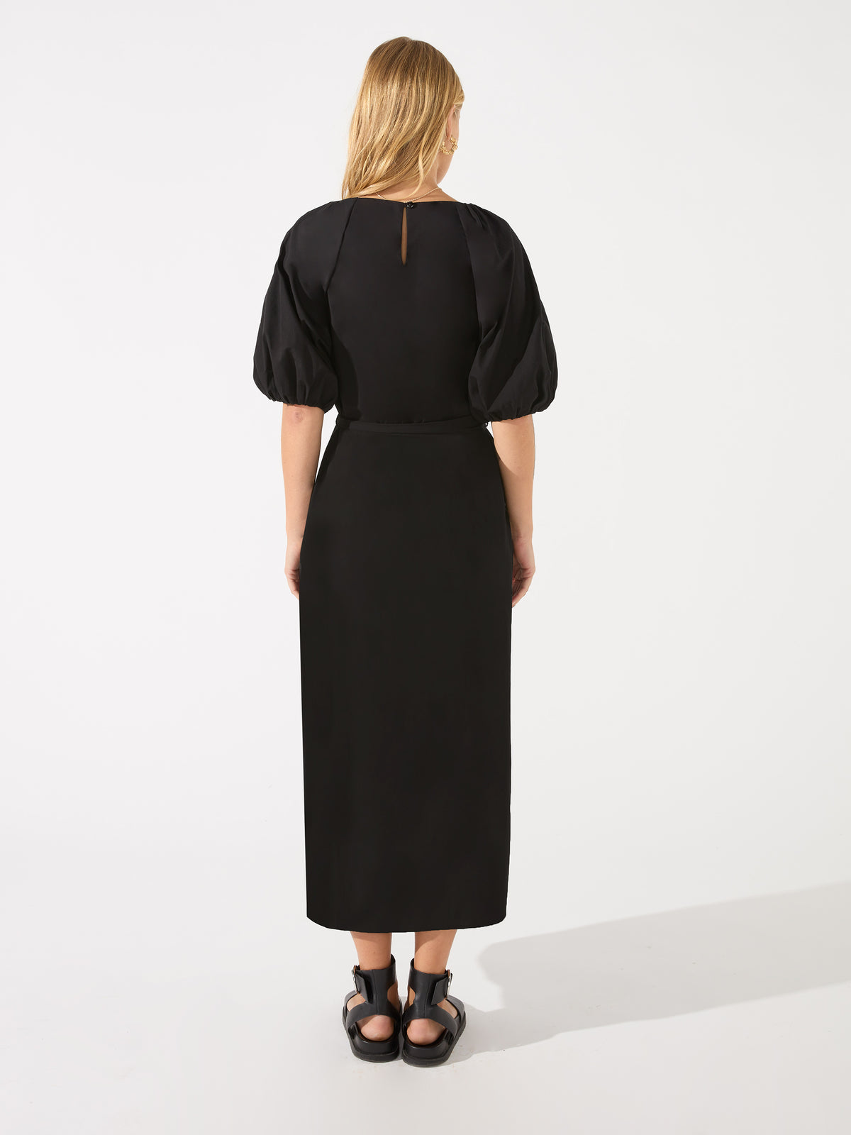 Black Cotton Puff Sleeve Midi Dress