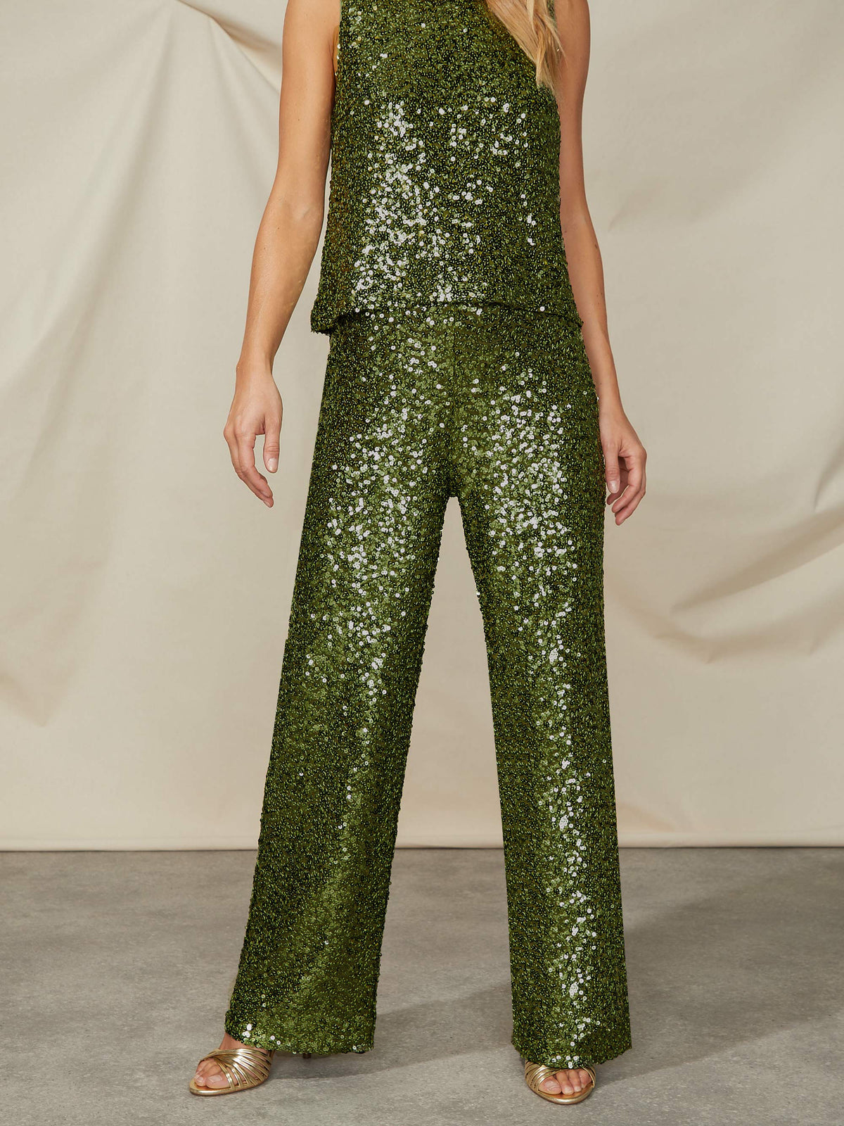 Olive Sequin Wide Leg Trousers