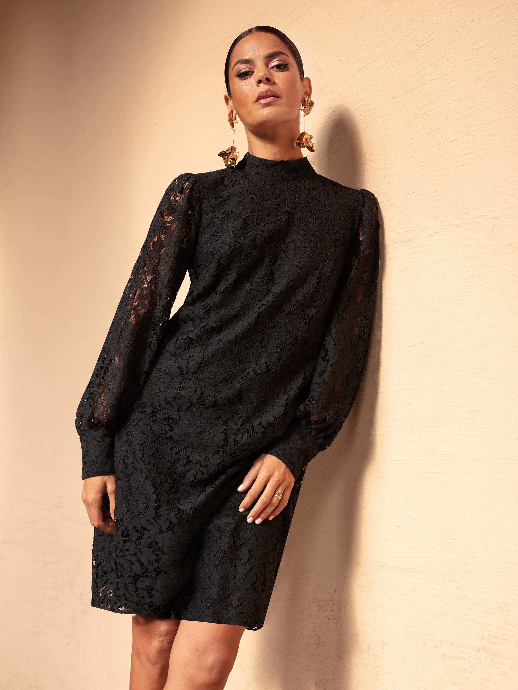 Black Lace High Neck Short Dress – Ro&Zo